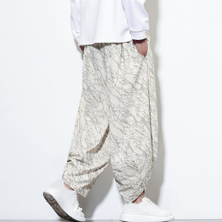 Buddha Stones Fall Textured Lines Print Cotton Elastic Waist Ankle-Length Men's Harem Pants With Pockets - image 27