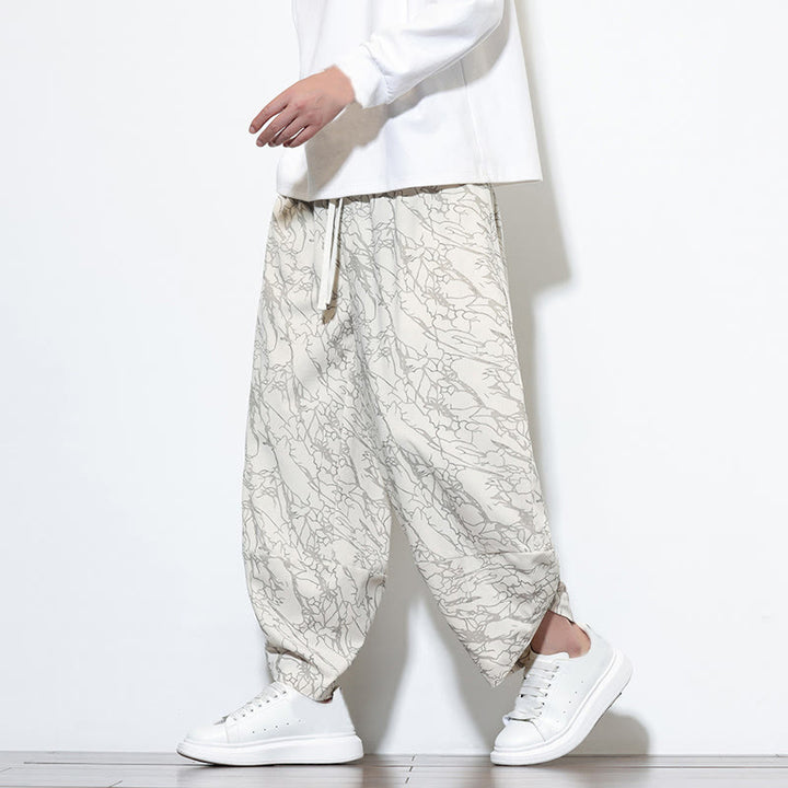 Buddha Stones Fall Textured Lines Print Cotton Elastic Waist Ankle-Length Men's Harem Pants With Pockets - image 29