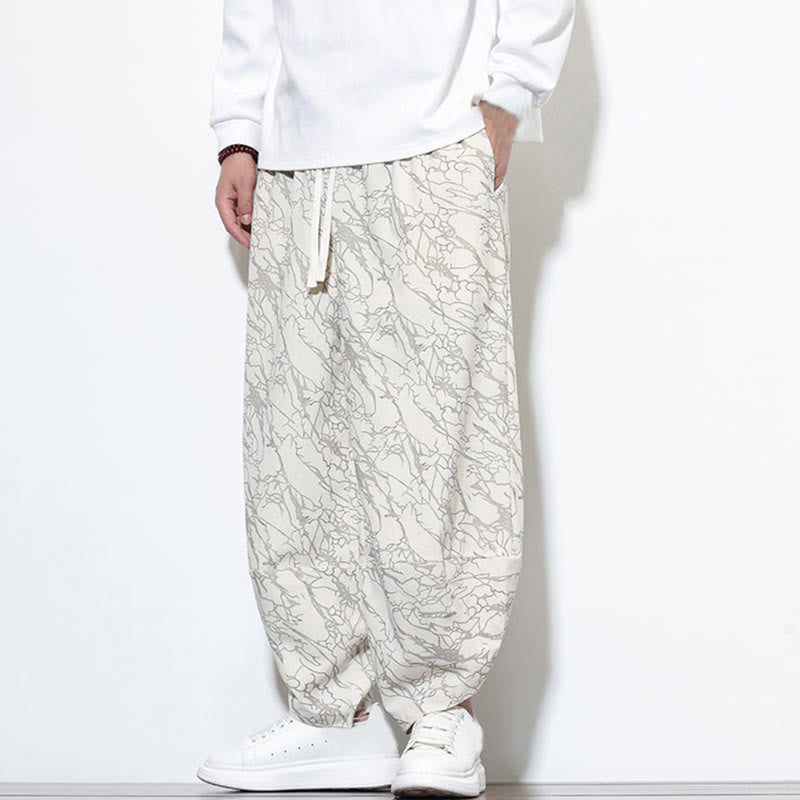 Buddha Stones Fall Textured Lines Print Cotton Elastic Waist Ankle-Length Men's Harem Pants With Pockets - image 28