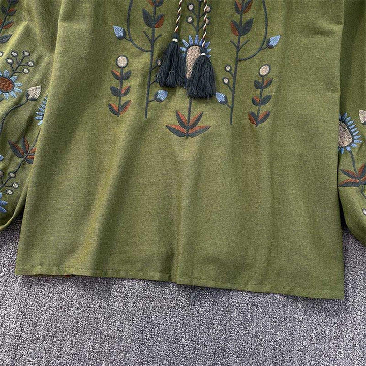 Buddha Stones Casual Embroidery Flower Leaf Pattern Women's Cotton Linen Round Neck T-shirt  - image 7