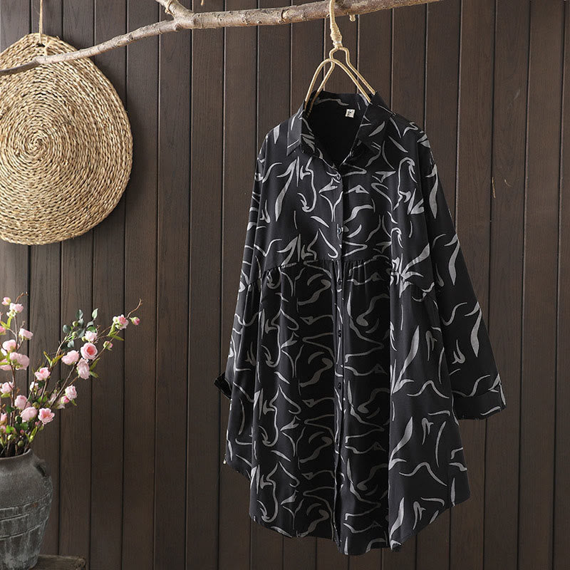 Buddha Stones Spring Fall Stand Collar Line Pattern Long Sleeve Women's Shirt  - Black - US14，UK/AU18，EU46 (4XL) - image 16