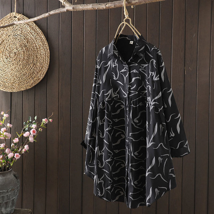 Buddha Stones Spring Fall Stand Collar Line Pattern Long Sleeve Women's Shirt  - Black - US14，UK/AU18，EU46 (4XL) - image 16
