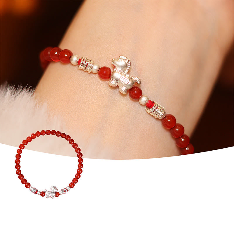 Buddha Stones Year Of The Horse Red Agate 999 Sterling Silver Cinnabar Calm Bracelet - 999 Sterling Silver Red Agate Horse(Wrist Circumference:14-16 cm) - image 1