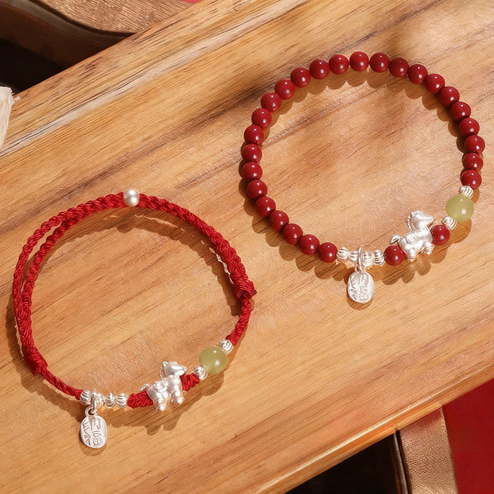Buddha Stones Year Of The Horse Cinnabar Hetian Jade 999 Sterling Silver Red String Concentration Bracelet - Combination Set(Wrist Circumference:14-15 cm) - image 0