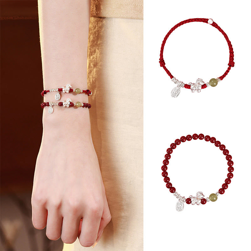 Buddha Stones Year Of The Horse Cinnabar Hetian Jade 999 Sterling Silver Red String Concentration Bracelet - image 21