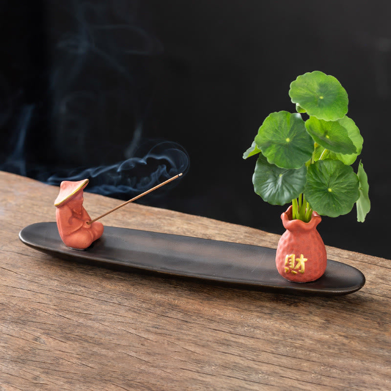 Buddha Stones Pixiu Wealth Home Decoration Incense Burner - Orange Fisherman(25.7*7.5*5.8 cm) - image 0