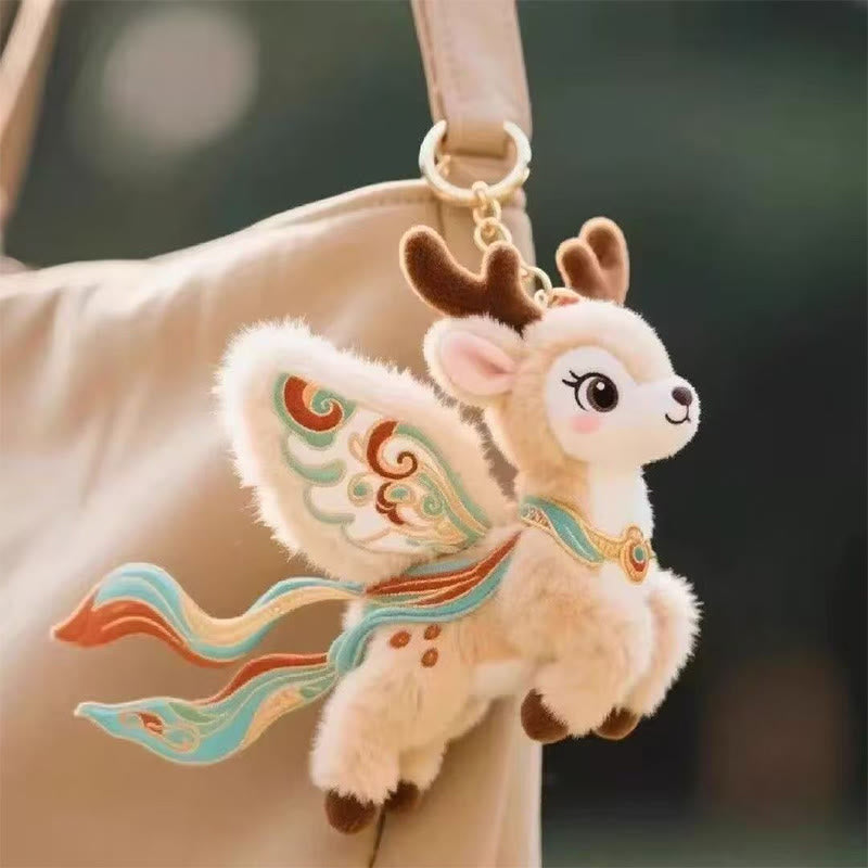 Buddha Stones Dunhuang Winged Plush Deer Key Chain Hanging Decoration - Deer - 8*8*12cm - image 0