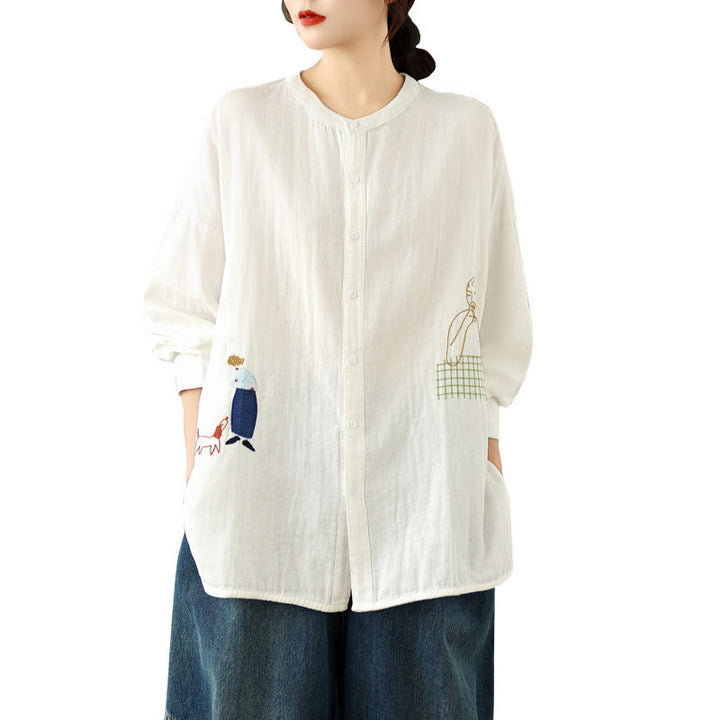 Buddha Stones Fall Embroidery Human Figure Dog Pattern Round Neck Buttons Women's Long Sleeve Shirt - image 16