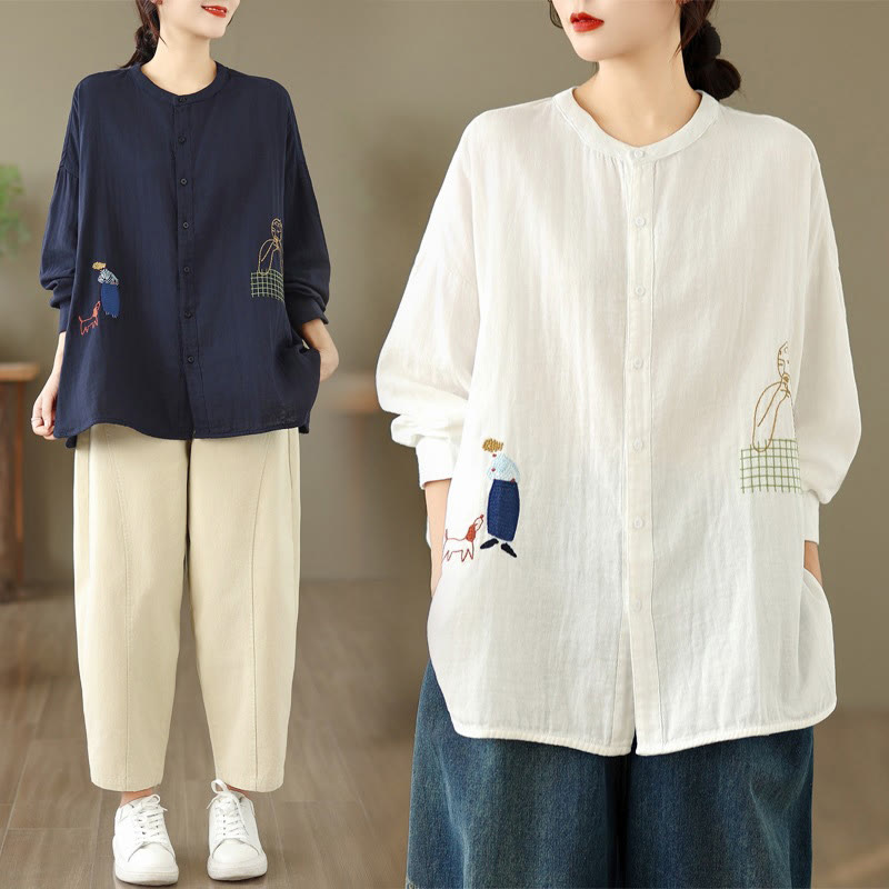 Buddha Stones Fall Embroidery Human Figure Dog Pattern Round Neck Buttons Women's Long Sleeve Shirt - image 32