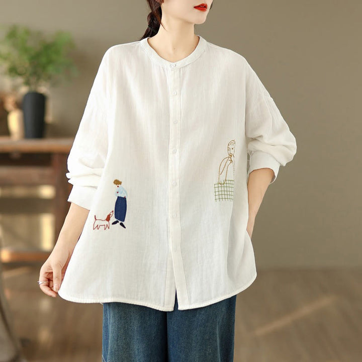 Buddha Stones Fall Embroidery Human Figure Dog Pattern Round Neck Buttons Women's Long Sleeve Shirt - image 14
