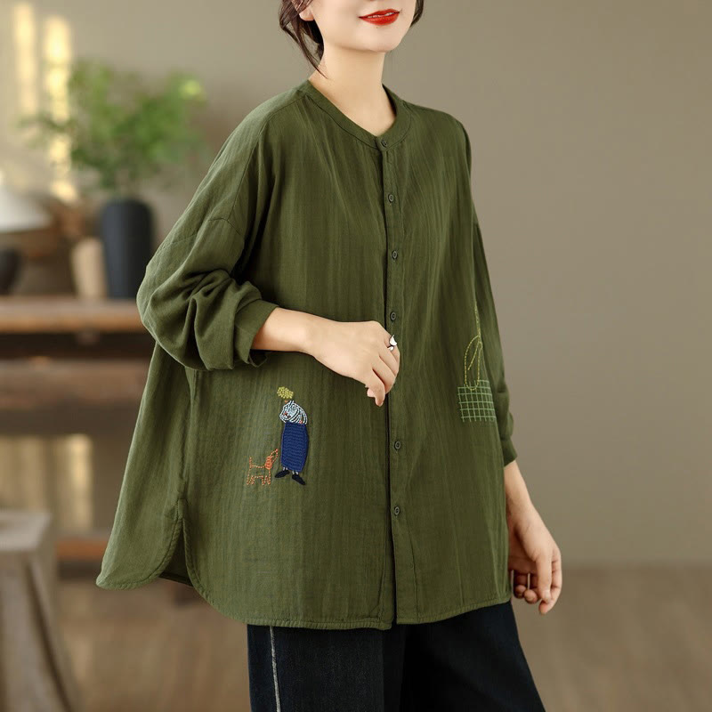 Buddha Stones Fall Embroidery Human Figure Dog Pattern Round Neck Buttons Women's Long Sleeve Shirt - image 26