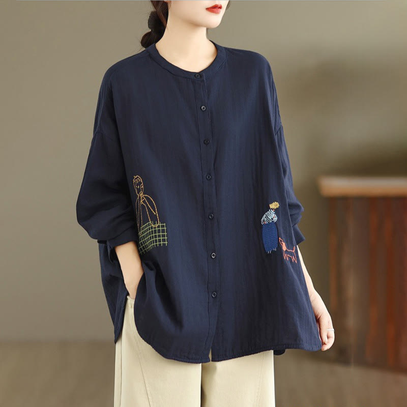 Buddha Stones Fall Embroidery Human Figure Dog Pattern Round Neck Buttons Women's Long Sleeve Shirt - image 1