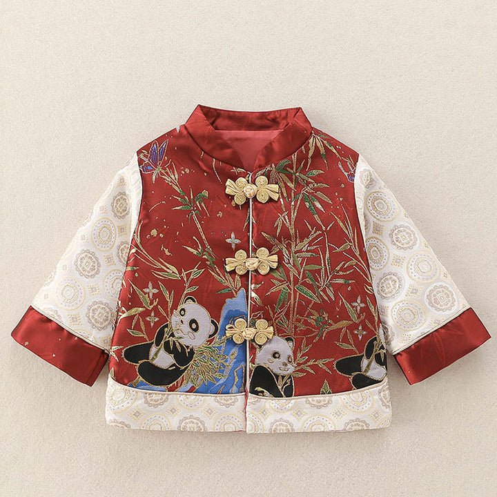 Buddha Stones 2Pcs Winter Cute Panda Bamboo Design Baby Boy Long Sleeve Tang Suit Elastic Waist Pants Outfit Sets - image 4