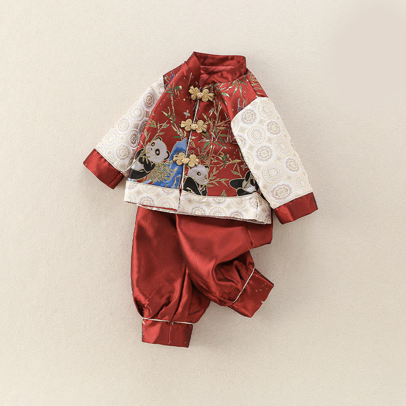 Buddha Stones 2Pcs Winter Cute Panda Bamboo Design Baby Boy Long Sleeve Tang Suit Elastic Waist Pants Outfit Sets - image 1