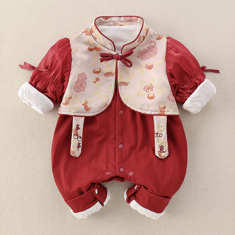 Buddha Stones Spring Cats Persimmons Design Baby Girl Cotton Long Sleeve One-pieces Rompers - image 1