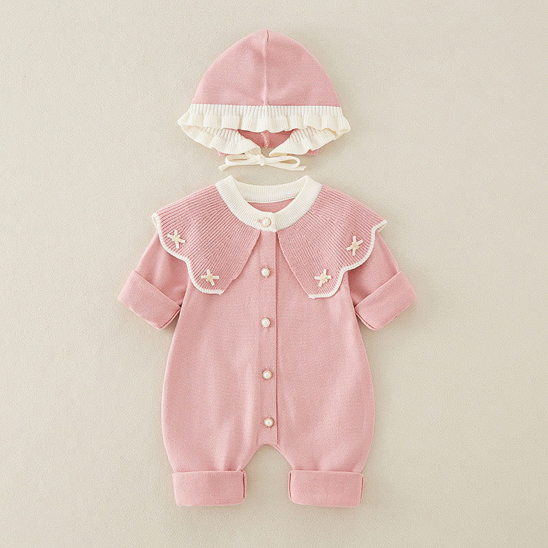 Buddha Stones Spring Fall Color Blocking Baby Girl Long Sleeve Hooded Knitted One-pieces Rompers - Pink - 9-12M - image 7