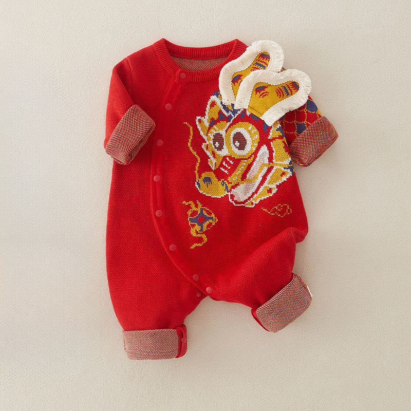 Buddha Stones Fall Winter Red Dragon Pattern Baby Boy Girl Cotton Long Sleeve Knitted One-pieces Rompers - image 3