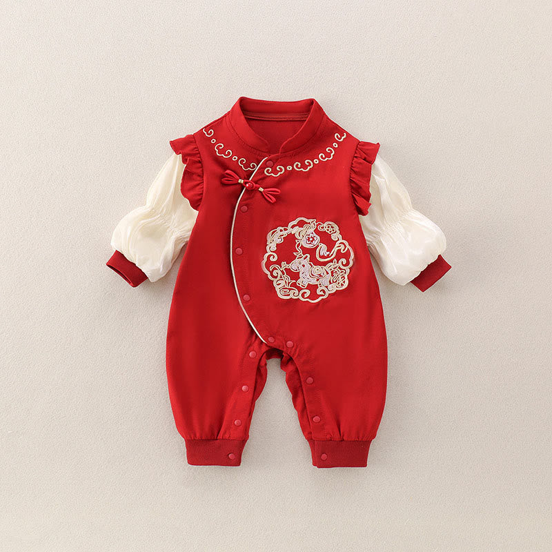 Buddha Stones Spring Fall Red Cute Year of the Horse Pony Design Baby Girl Cotton Long Sleeve One-pieces Rompers - Red - 10-15M - image 0
