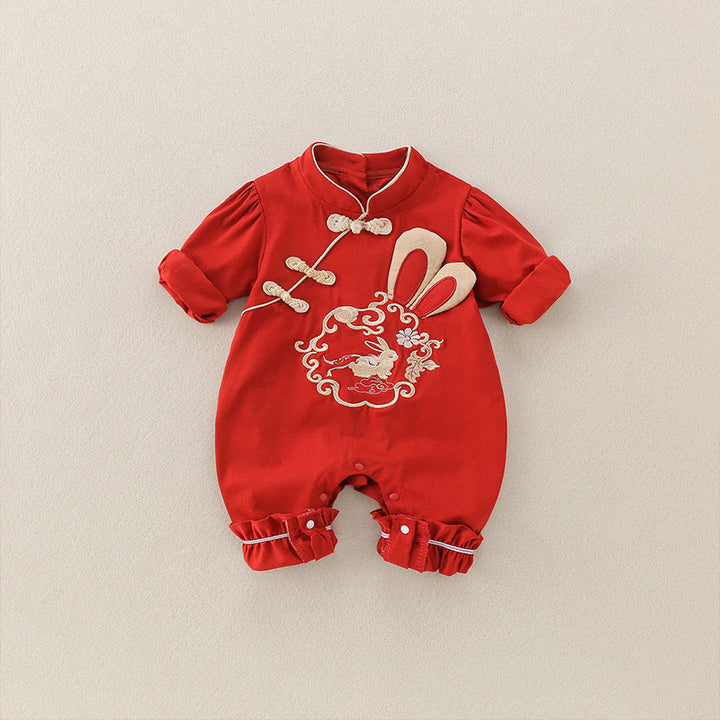 Buddha Stones Spring Fall Red Rabbit Design Baby Girl Cotton Long Sleeve One-pieces Rompers - image 2