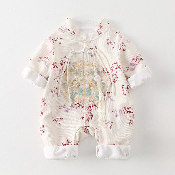 Buddha Stones Spring Fall Bamboo Flowers Design Baby Girl Cotton Long Sleeve One-pieces Rompers - Linen - 9-18M - image 12