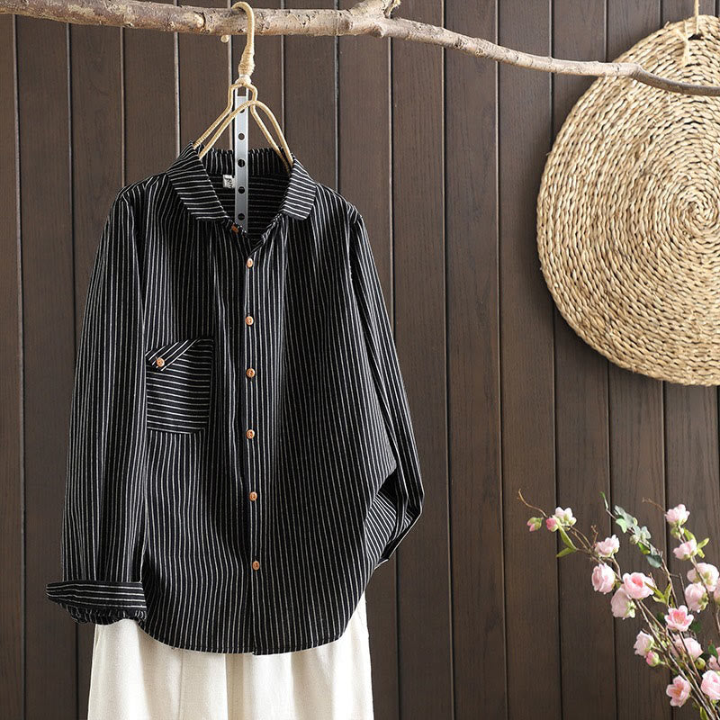 Buddha Stones Fall Stripe Stand Collar Buttons Women's Long Sleeve Shirt With Pocket - Black - US8-10，UK/AU12-14，EU40-42 (2XL) - image 13