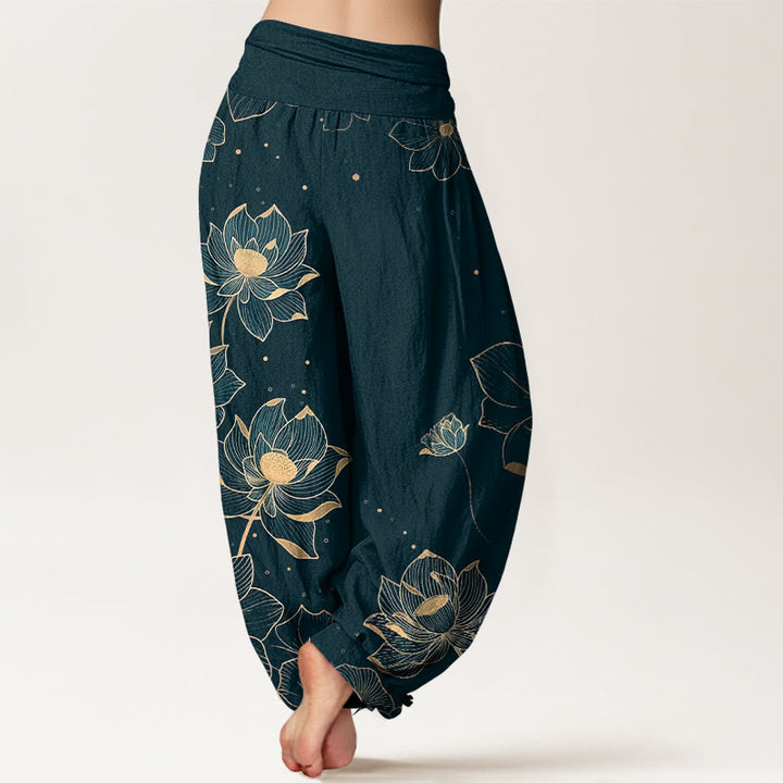Buddha Stones Pure Cotton Delicate Lotus Pattern Women's Elastic Waist Harem Pants - image 1