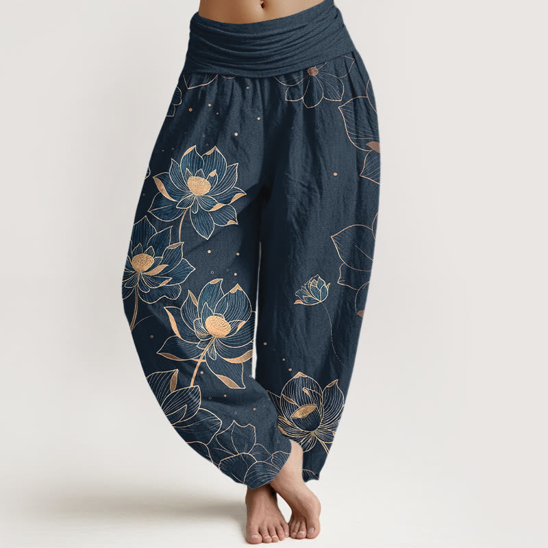 Buddha Stones Pure Cotton Delicate Lotus Pattern Women's Elastic Waist Harem Pants - SteelBlue - US16，UK/AU20，EU48 (3XL) - image 8