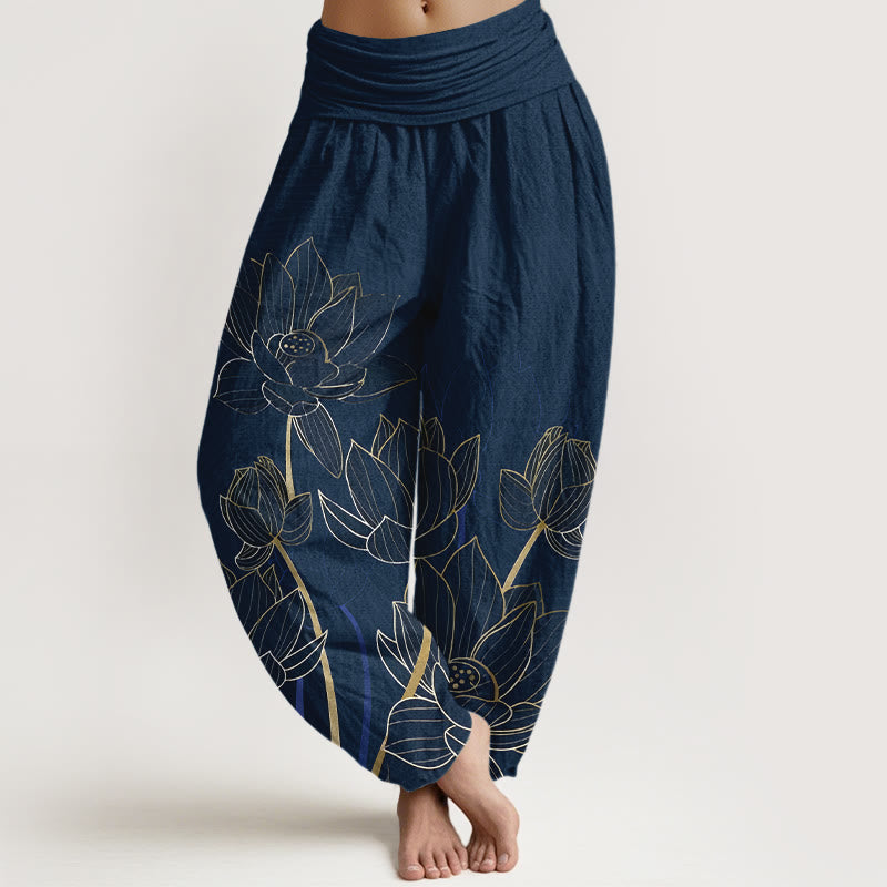 Buddha Stones Pure Cotton Minimalist Style Lotus Flower Pod Pattern Women's Elastic Waist Harem Pants - Navy - US16，UK/AU20，EU48 (3XL) - image 0