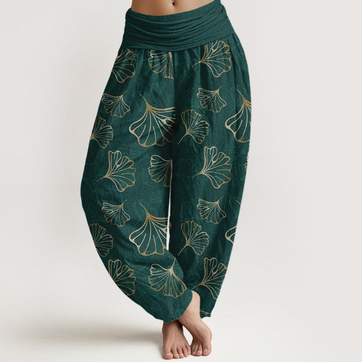 Buddha Stones Pure Cotton Minimalist Style Ginkgo Leaves Pattern Women's Elastic Waist Harem Pants - DarkGreen - US16，UK/AU20，EU48 (3XL) - image 0