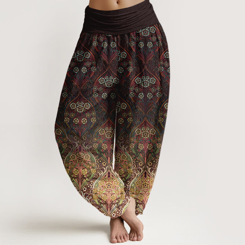 Buddha Stones Pure Cotton Retro Flower Pattern Women's Elastic Waist Harem Pants - SaddleBrown - US16，UK/AU20，EU48 (3XL) - image 0