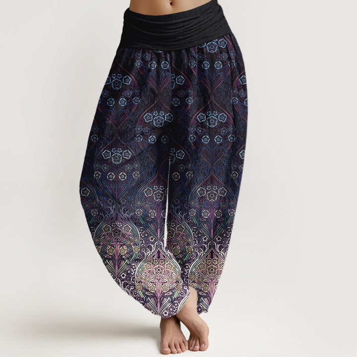 Buddha Stones Pure Cotton Retro Flower Pattern Women's Elastic Waist Harem Pants - Indigo - US16，UK/AU20，EU48 (3XL) - image 5