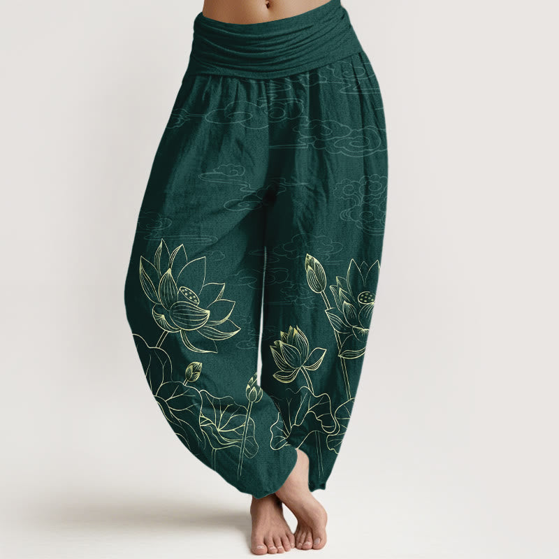 Buddha Stones Pure Cotton Concise Lotus Flower Leaf Pod Bud Cloud Pattern Women's Elastic Waist Harem Pants - DarkGreen - US16，UK/AU20，EU48 (3XL) - image 0