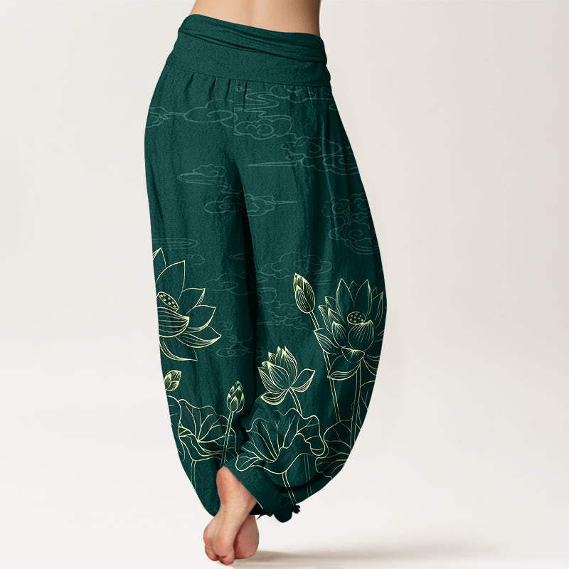 Buddha Stones Pure Cotton Concise Lotus Flower Leaf Pod Bud Cloud Pattern Women's Elastic Waist Harem Pants - image 1