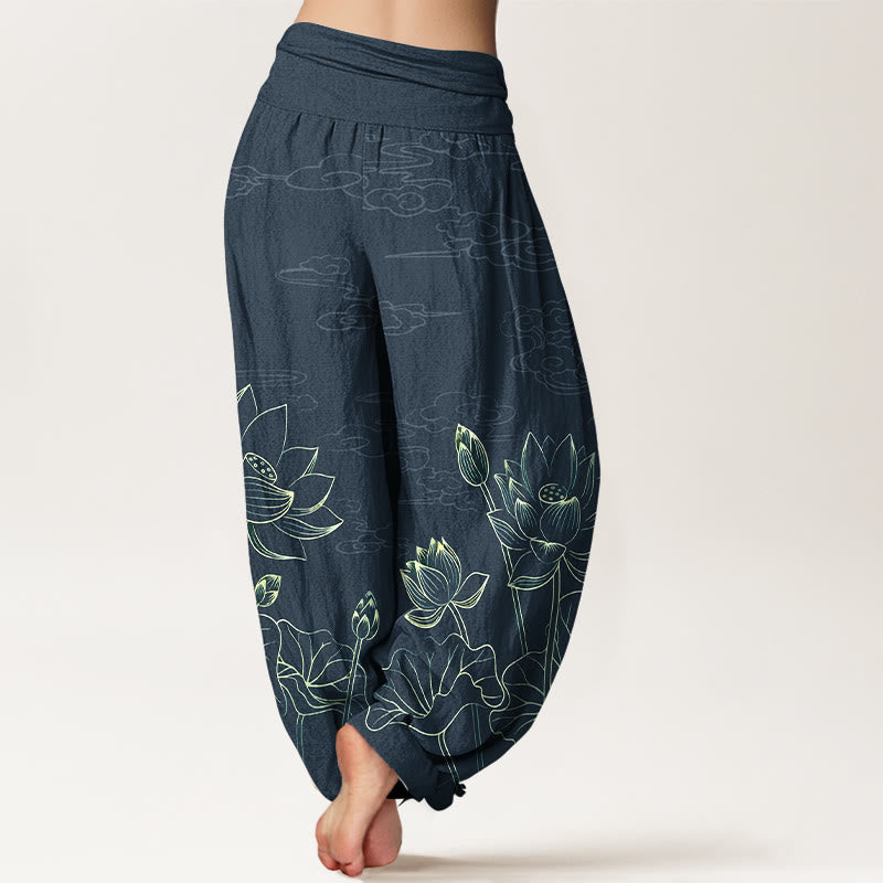 Buddha Stones Pure Cotton Concise Lotus Flower Leaf Pod Bud Cloud Pattern Women's Elastic Waist Harem Pants - image 6