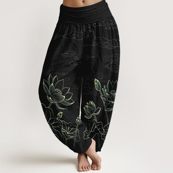 Buddha Stones Pure Cotton Concise Lotus Flower Leaf Pod Bud Cloud Pattern Women's Elastic Waist Harem Pants - Black - US16，UK/AU20，EU48 (3XL) - image 8