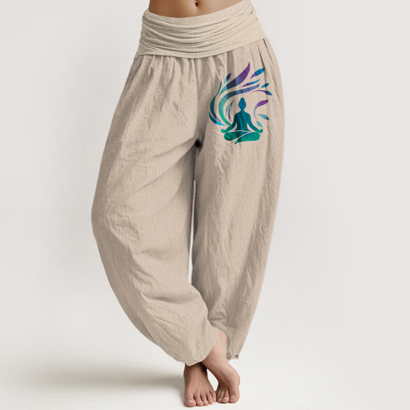 Buddha Stones Pure Cotton Simple Composition Human Figure Pattern Women's Elastic Waist Harem Pants - Tan - US16，UK/AU20，EU48 (3XL) - image 0
