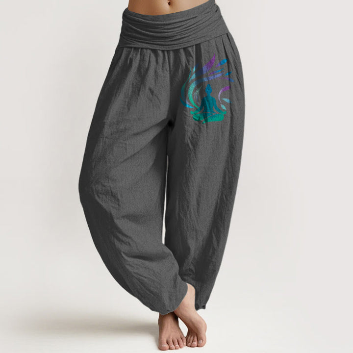 Buddha Stones Pure Cotton Simple Composition Human Figure Pattern Women's Elastic Waist Harem Pants - DimGray - US16，UK/AU20，EU48 (3XL) - image 11