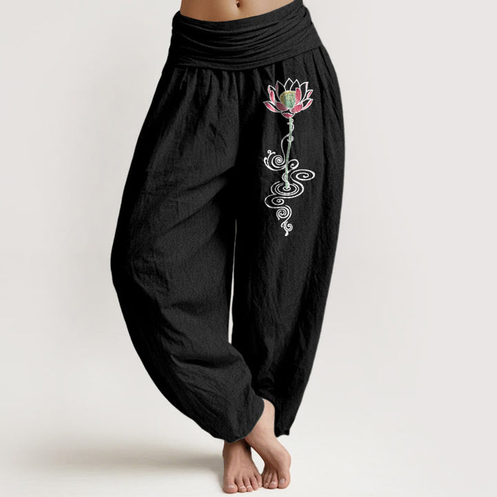 Buddha Stones Pure Cotton Simple Lotus Flower Pattern Women's Elastic Waist Harem Pants - Black - US16，UK/AU20，EU48 (3XL) - image 5