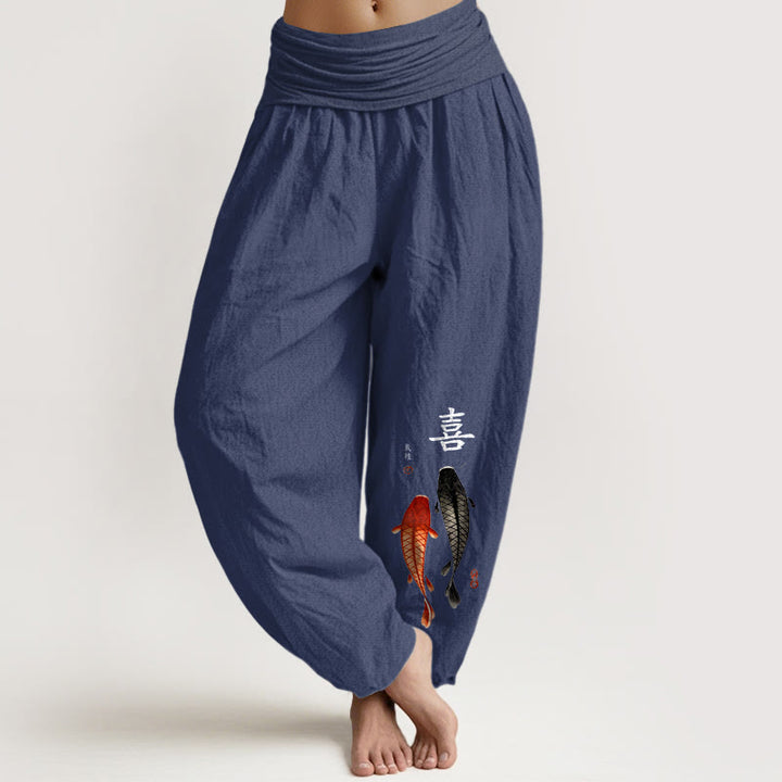 Buddha Stones Pure Cotton Concise Koi Fish Chinese Character Pattern Women's Elastic Waist Harem Pants - DarkSlateBlue - US16，UK/AU20，EU48 (3XL) - image 8