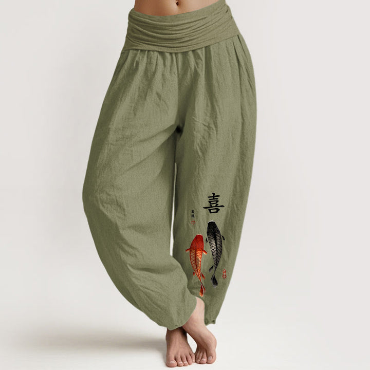 Buddha Stones Pure Cotton Concise Koi Fish Chinese Character Pattern Women's Elastic Waist Harem Pants - OliveDrab - US16，UK/AU20，EU48 (3XL) - image 14