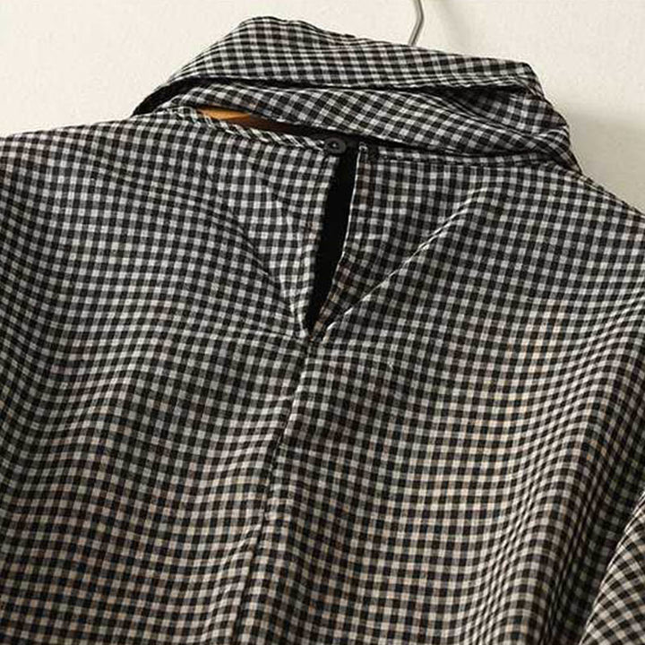 Buddha Stones Fall Black White Plaid High Neck Lace-up Design Long Sleeve Midi Dress With Pockets - image 3