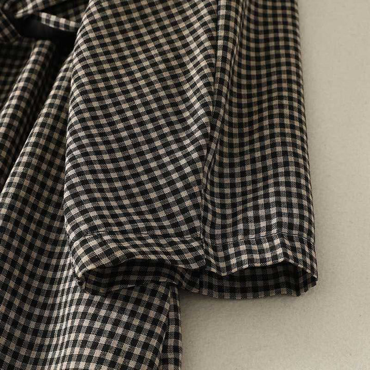 Buddha Stones Fall Black White Plaid High Neck Lace-up Design Long Sleeve Midi Dress With Pockets - image 6