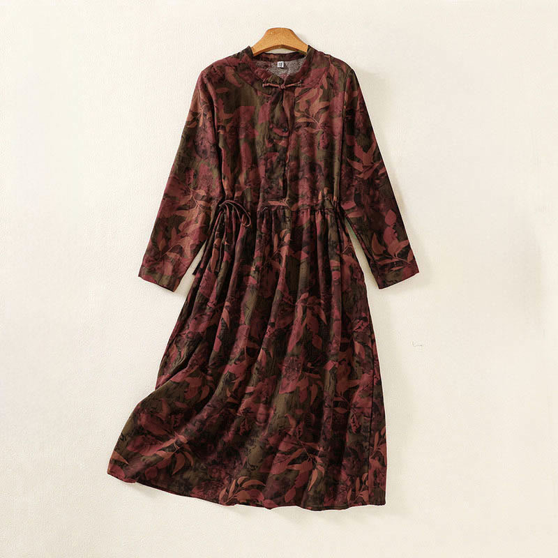 Buddha Stones Casual Flower Printed Pattern Buttons Design Long Sleeve Midi Dress With Pockets - IndianRed - US12，UK/AU16，EU44 (2XL) - image 7