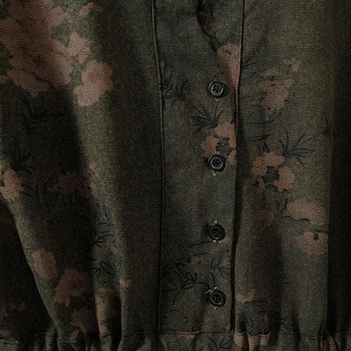 Buddha Stones Casual Flower Printed Pattern Buttons Design Long Sleeve Midi Dress With Pockets - image 2