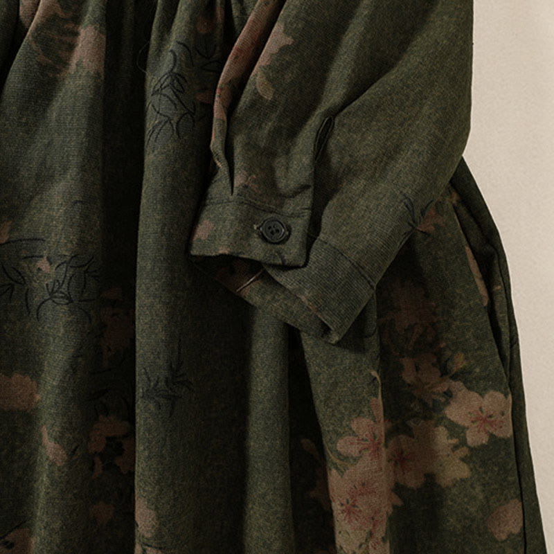 Buddha Stones Casual Flower Printed Pattern Buttons Design Long Sleeve Midi Dress With Pockets - image 4