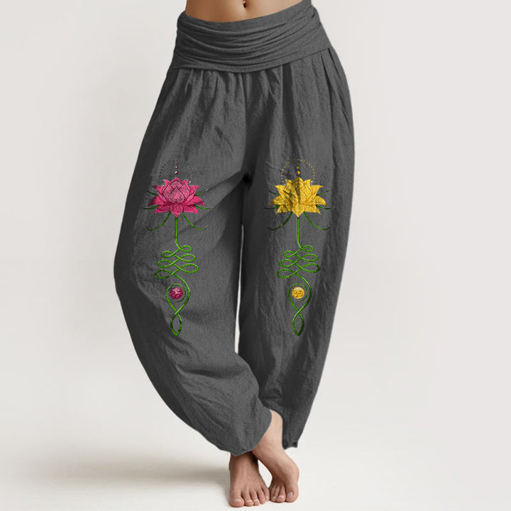 Buddha Stones Pure Cotton Strong Color Contrast Lotus Flower Pattern Women's Elastic Waist Harem Pants - DimGray - US16，UK/AU20，EU48 (3XL) - image 8