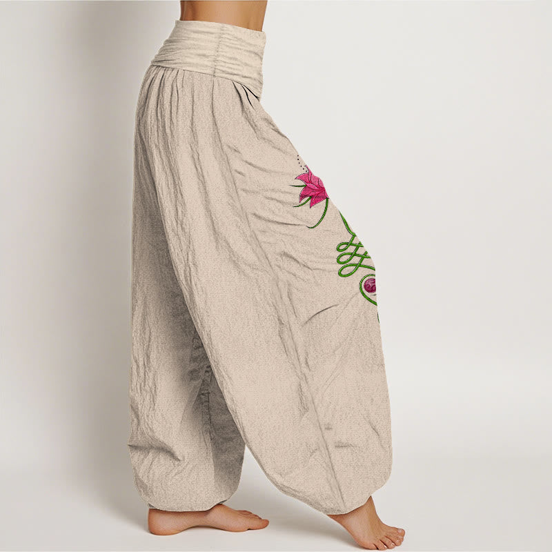 Buddha Stones Pure Cotton Strong Color Contrast Lotus Flower Pattern Women's Elastic Waist Harem Pants - image 13