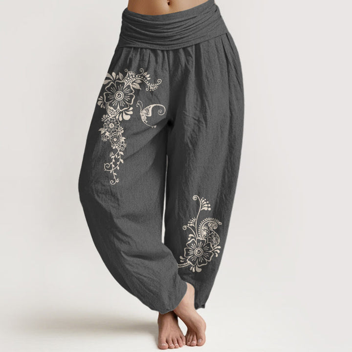 Buddha Stones Pure Cotton Simple Elegant Flower Butterfly Vine Pattern Women's Elastic Waist Harem Pants - DimGray - US16，UK/AU20，EU48 (3XL) - image 8