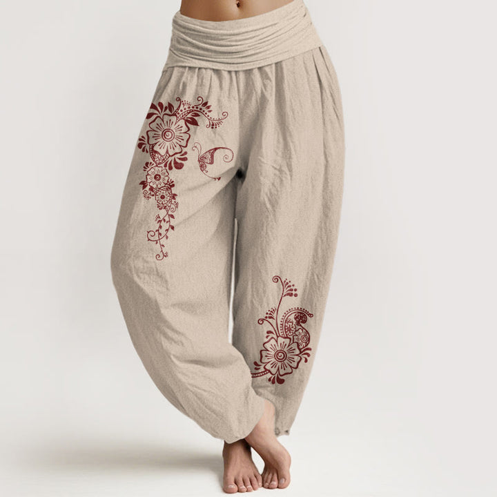 Buddha Stones Pure Cotton Simple Elegant Flower Butterfly Vine Pattern Women's Elastic Waist Harem Pants - Tan - US16，UK/AU20，EU48 (3XL) - image 11