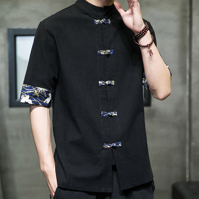 Buddha Stones Solid Color Frog-Button Stand Collar Men's Short Sleeve White Crane Cotton Shirt - image 4